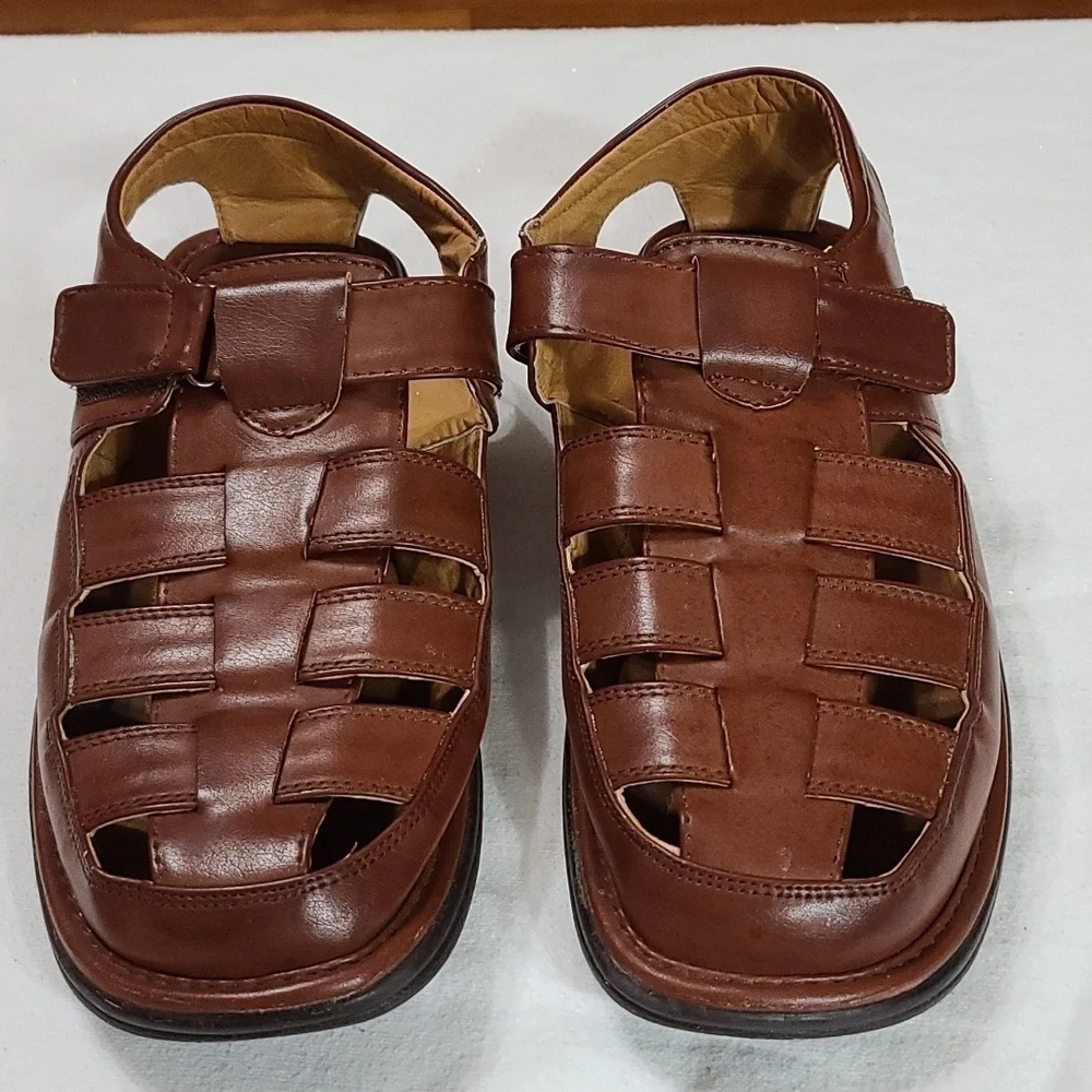Faranzi Mens‎ Faux Leather Fisherman Sandals Brown Hook&Loop Sz 11 EUC